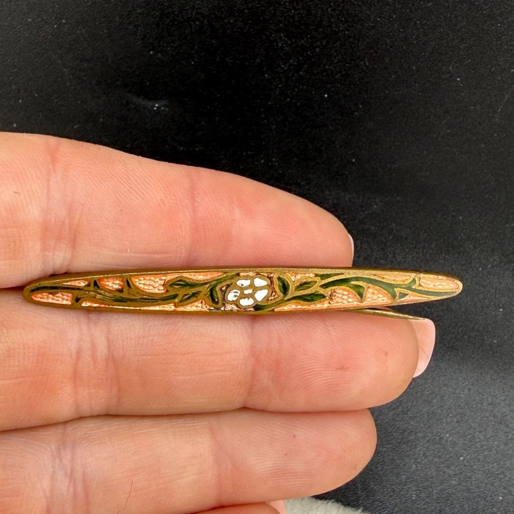 Vintage Enamel Bar Brooch Gold Tone Flower